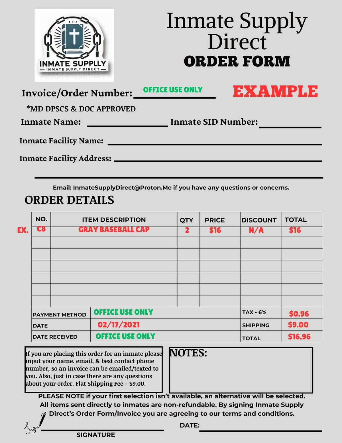 Direct Order Sample Inmate Supply Direct - Sample Order Form & Blank Order Form